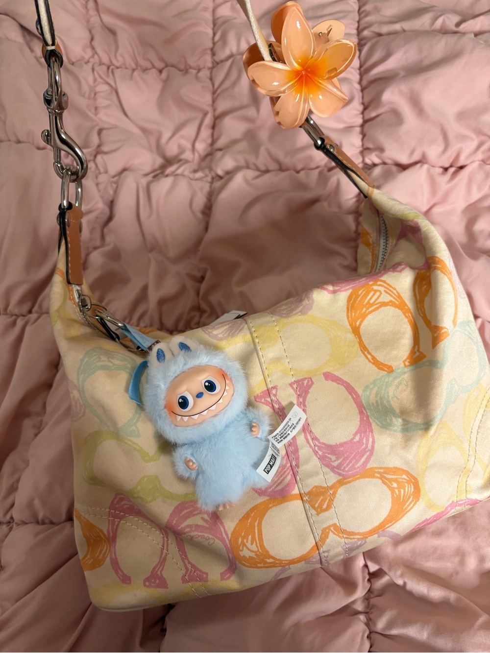 Coach Hampton Scribble Vintage Pastel Print Shoulder Bag with Blue Plush Charm